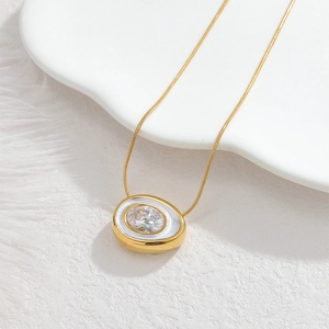 Elegant 18k gold plated stainless steel long necklace with oval zircon and shell inlay