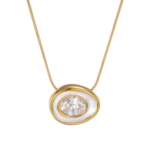Minimalist gold snake chain necklace featuring a white enamel oval pendant with zircon stone