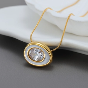 Oval Zircon Pendant Necklace 18K Gold Plated Stainless Steel White Shell Inlay Snake Chain Minimalist Jewelry Women