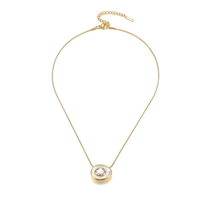 Minimalist gold tone oval necklace with white mother of pearl and zircon pendant