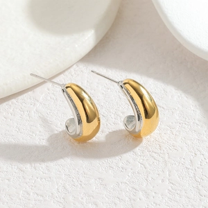 Minimalist C-shaped geometric stud earrings in two-tone gold and silver stainless steel