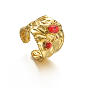Irregular hammered 18k gold plated open ring featuring vintage red stone inlays