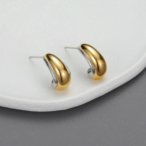 C Shaped Stud Earrings Stainless Steel Bicolor Gold Silver Minimalist Geometric Style For Women High Polish Jewelry