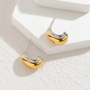 Modern two-tone C-shape stainless steel earrings with polished gold and silver finish