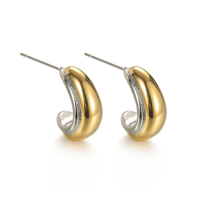 Two-tone C-shaped stainless steel hoop earrings with polished gold and silver finish