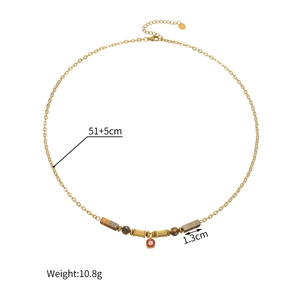 Golden stainless steel necklace with brown tiger eye beads and red square pendant charm