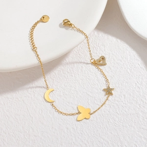 Bracciale in acciaio inossidabile placcato oro 18k con ciondoli a luna, stella e cuore