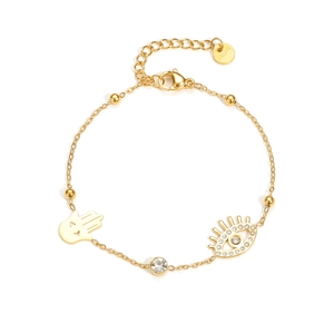 Bracciale in acciaio inossidabile placcato oro 18k con mano di fatima e occhio del male
