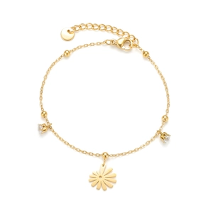Gold stainless steel flower bracelet with daisy pendant and clear cubic zirconia charms