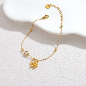 18k gold plated stainless steel bracelet with flower charm and heart zircon stone
