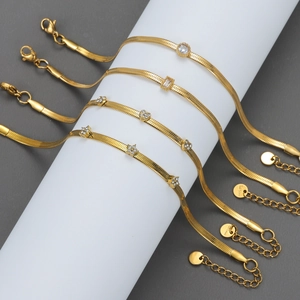 Bracelet En Acier Inoxydable Plaqué Or Chaîne Serpent Avec Pendentif En Zircon Géométrique Pour Femmes Bijoux Ajustables
