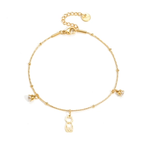 Gold stainless steel beaded bracelet with hollow cat pendant and sparkling zircon accents