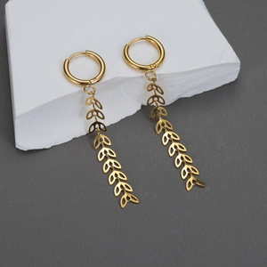 Stainless Steel Golden Wheat Ear And Paperclip Chain Tassel Long Dangle Hoop Earrings Fashion Jewelry For Women