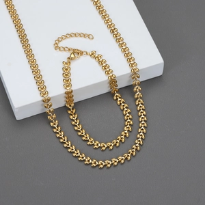 Wheat Ear Leaf Pattern Necklace Bracelet Jewelry Set 18K Gold Plated Stainless Steel Non Tarnish Elegant For Women
