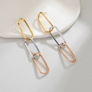 Three-tone minimalist stainless steel long chain earrings in gold, silver, and rose gold