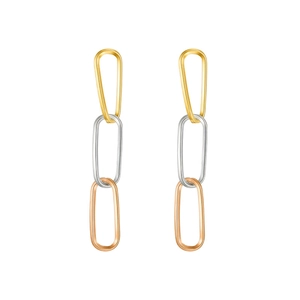 Minimalist geometric three-tone chain drop earrings in gold, silver, and rose gold finishes
