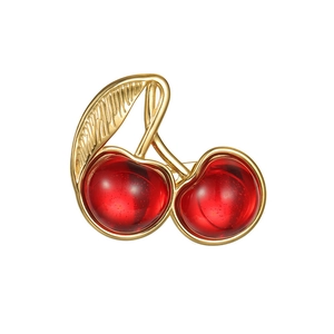 Elegant stainless steel double cherry brooch with red resin fruit and golden leaves