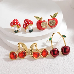 Fruit themed 18k gold plated stainless steel cherry and mushroom stud earrings set