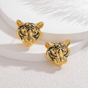 Exaggerated 18k gold plated tiger head stud earrings with green zircon eyes and black stripes