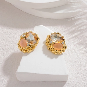 Vintage-Ohrringe mit 18k Gold-Finish, Bernstein-Edelsteinen und rosa Steinen im Oval-Design