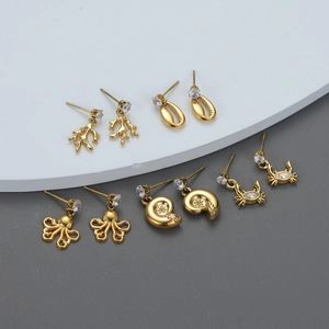 Boucles D'oreilles Pendantes Série Océan Plaqué Or 18K Acier Inoxydable Zircone Crabe Coquille Poulpe Corail Pour Femmes