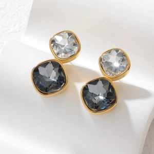 Minimalist 18k gold earrings with square geometric zircon in clear and black stones