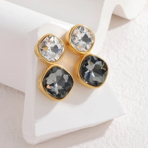 Vintage gold square geometric earrings with clear and smoky grey crystal stones