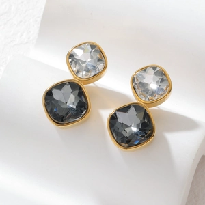 French vintage gold square stud earrings with black and white zircon geometric design