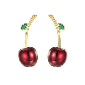 Chic 18k gold plated cherry drop earrings with red resin fruits and green enamel leaves