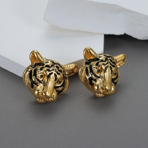 Tiger Head Stud Earrings Stainless Steel 18K Gold Plated Enamel Animal Design Green Zircon Eyes Exaggerated For Women