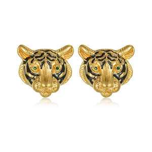 Three-dimensional tiger head stud earrings with gold plating and green zircon eyes
