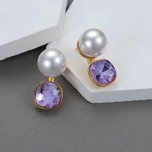 Purple Zircon Faux Artificial Pearl Stud Earrings Stainless Steel Gold Plated Exquisite Elegant Vintage Jewelry For Women