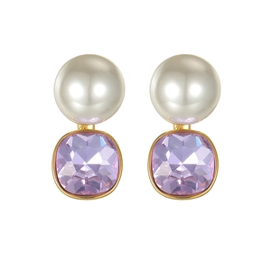 Elegant 18k gold earrings with white round pearl and square purple zircon accents