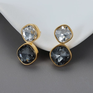 Square Zircon Geometric Earrings Stainless Steel Double Layer Smoky Grey Transparent Stones Light Luxury For Women