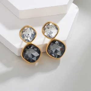 Gold double cushion cut earring with white and smoke gray crystal stones