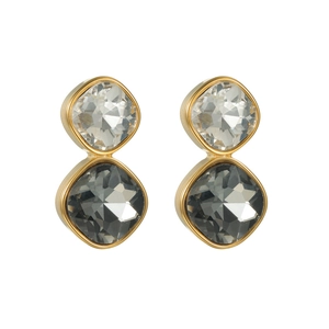 Geometric titanium earrings featuring stacked clear and smoke gray zircon crystals in gold