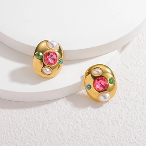 Boucles d'oreilles ovales dorées avec pierre rose, perles et zircons colorés