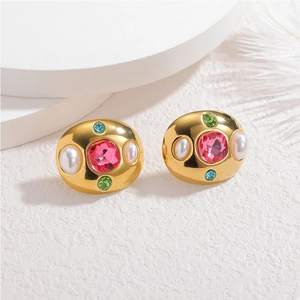 Boucles d'oreilles baroques 18k or avec pierres roses, zircons colorés et perles blanches