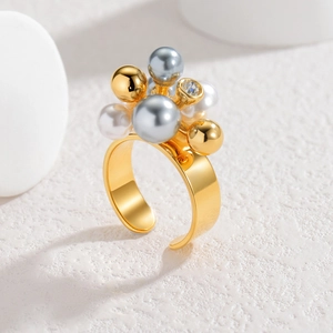 Bague ajustable en acier inoxydable avec grappe de perles, billes dorées et zircon