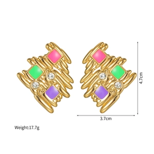 Detail view of colorful enamel geometric earrings with size and weight measurements