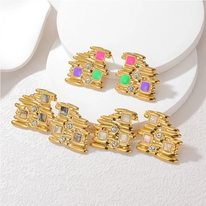 Irregular 18k gold plated stainless steel earrings with crystal and colorful inlay