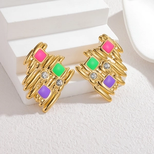 Irregular 18k gold earrings with colorful enamel cubes and small crystal accents