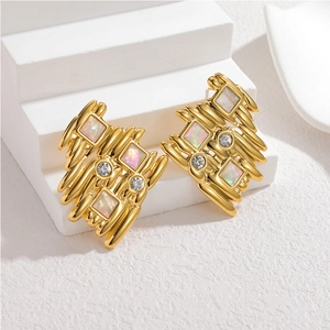 Gold irregular geometric earrings with iridescent shell inlays and white zircons