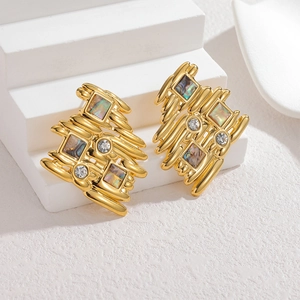 Irregular geometric 18k gold plated stud earrings with shell inlay and crystals