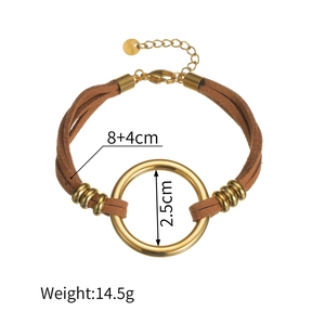 Bracelet vintage en cuir marron avec anneau doré poli et fermoir mousqueton