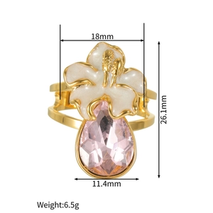 Detailed size specifications for flower ring with pink teardrop crystal and gold plating