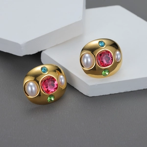 Boucles D'oreilles Puces Ovales Rétro Baroque Pour Femmes Acier Inoxydable Plaqué Or 18K Avec Zircon Rose Et Künstliche Perle