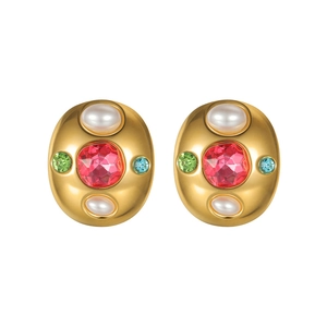 Boucles d'oreilles ovales en acier doré 18k avec zircons colorés et perles d'imitation