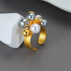 Bague Ouverte En Acier Inoxydable Plaqué Or 18K Avec Grappe De Künstliche Perles Et Zircon Bijoux Rétro Élégants Réglables Pour Femme