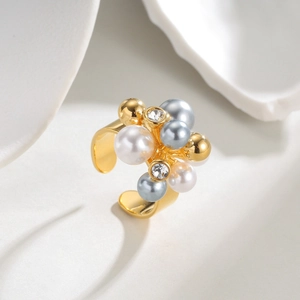Bague ouverte en acier inoxydable doré de style français avec perles et strass mixtes